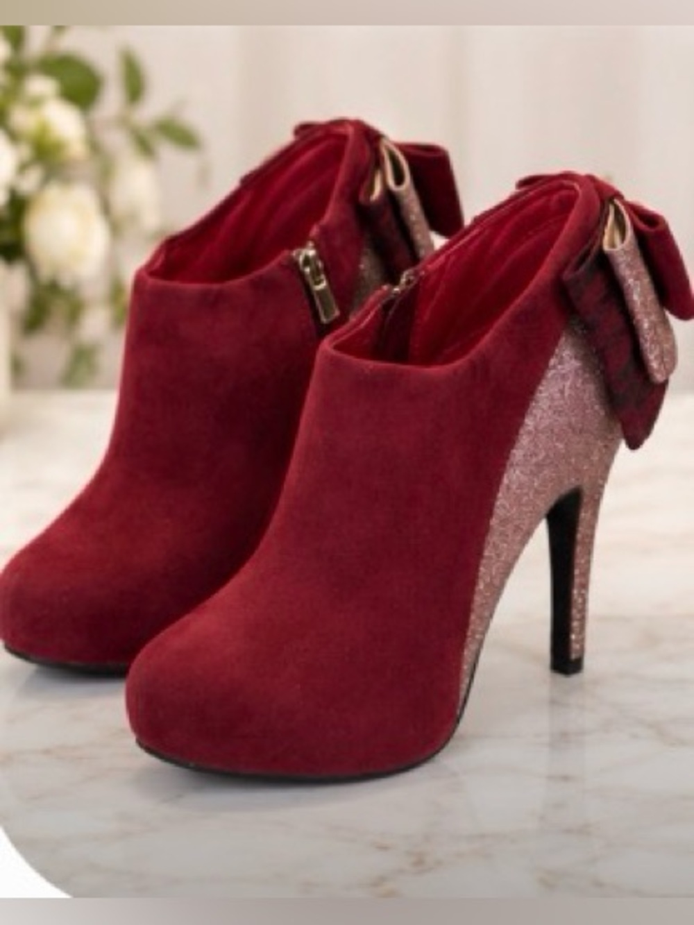 Bamboo Rhythm-73 Burgundy Glitter Bow Stiletto Booties Size 9 - Picture 2 of 9